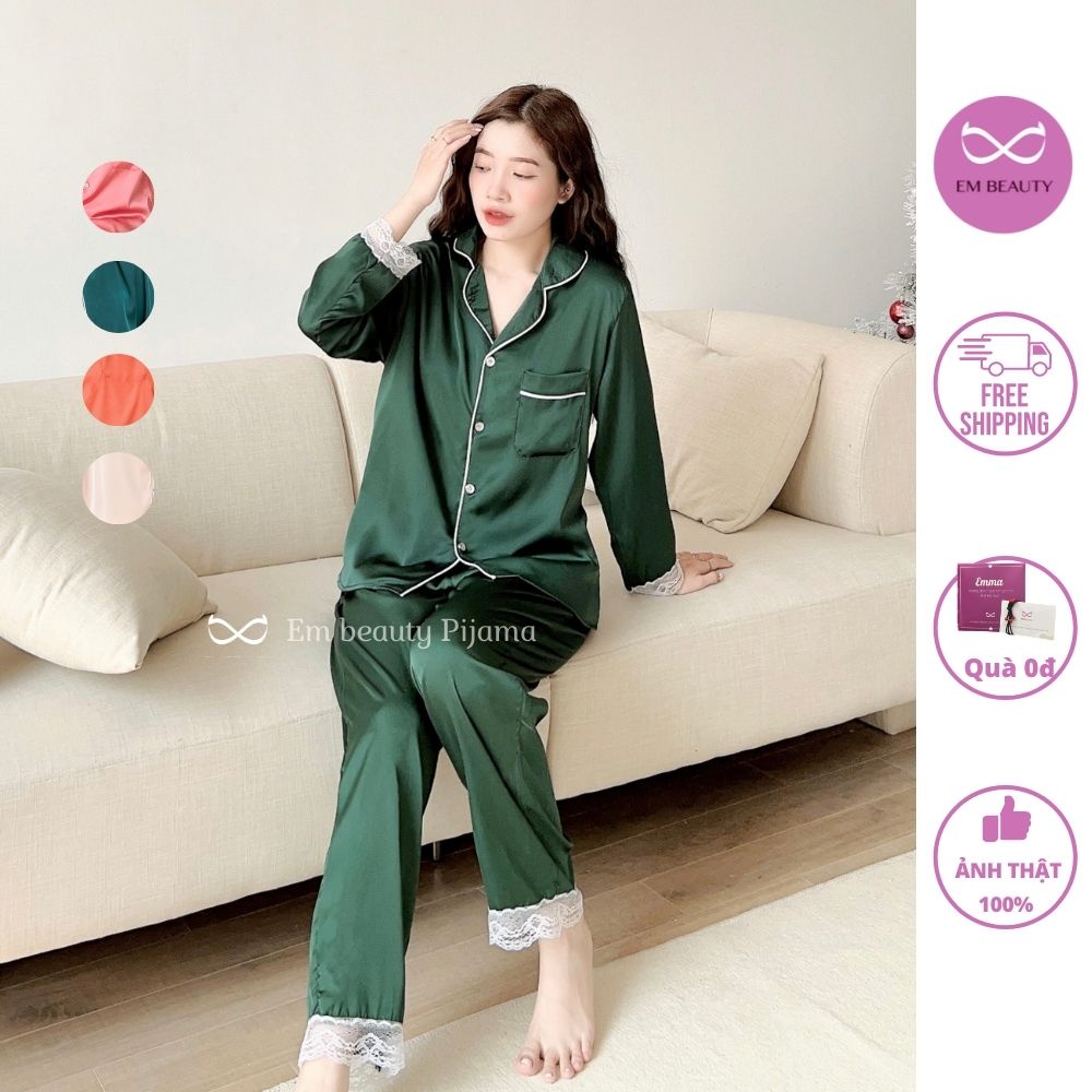 Pijama lụa EMBEAUTY đồ ngủ nữ, bộ mặc nhà dài tay, tiểu thư, latin trơn ren, sau sinh FREESHIP TẶNG QUÀ_EM15