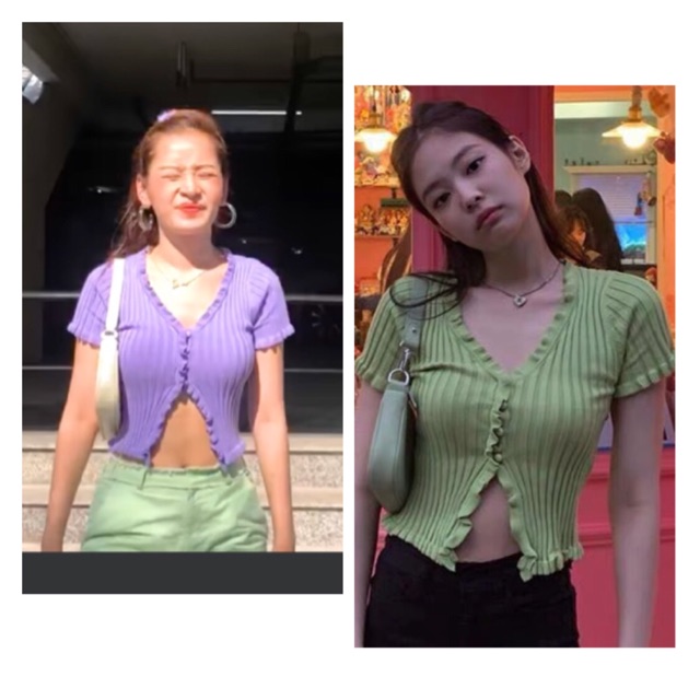 (Ảnh thật)(sẵn tím, cam) Áo len croptop Jennie ChiPu màu tím, xanh... cổ V cài 4 nút hở eo thun gân viền bèo sexy