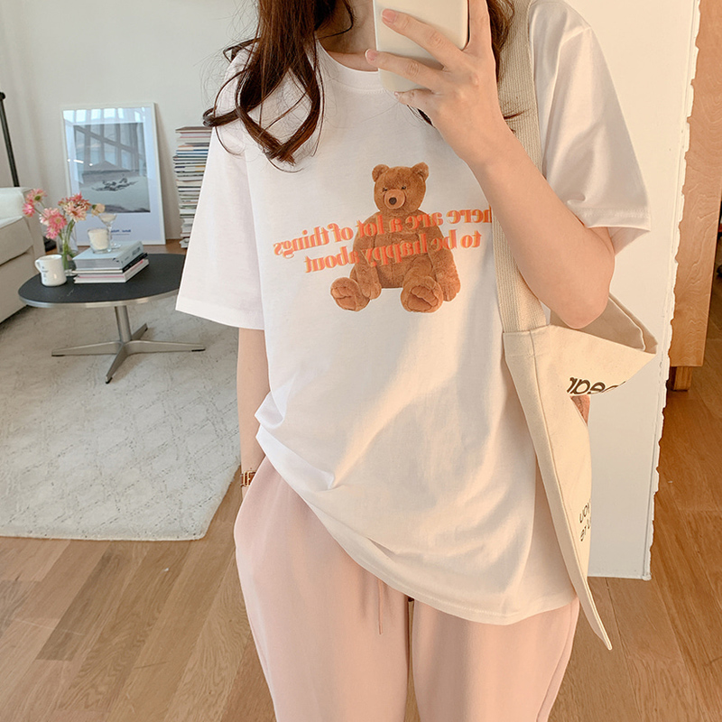 Áo Thun Nữ Tay Ngắn Dáng Rộng In Hình Gấu Dễ Thương Phong Cách Hàn Quốc 42035