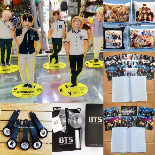 Conbo BTS : 2 vở ,1 gối , 1 đồng hồ đeo tay , 1 standee để bàn mica BTS