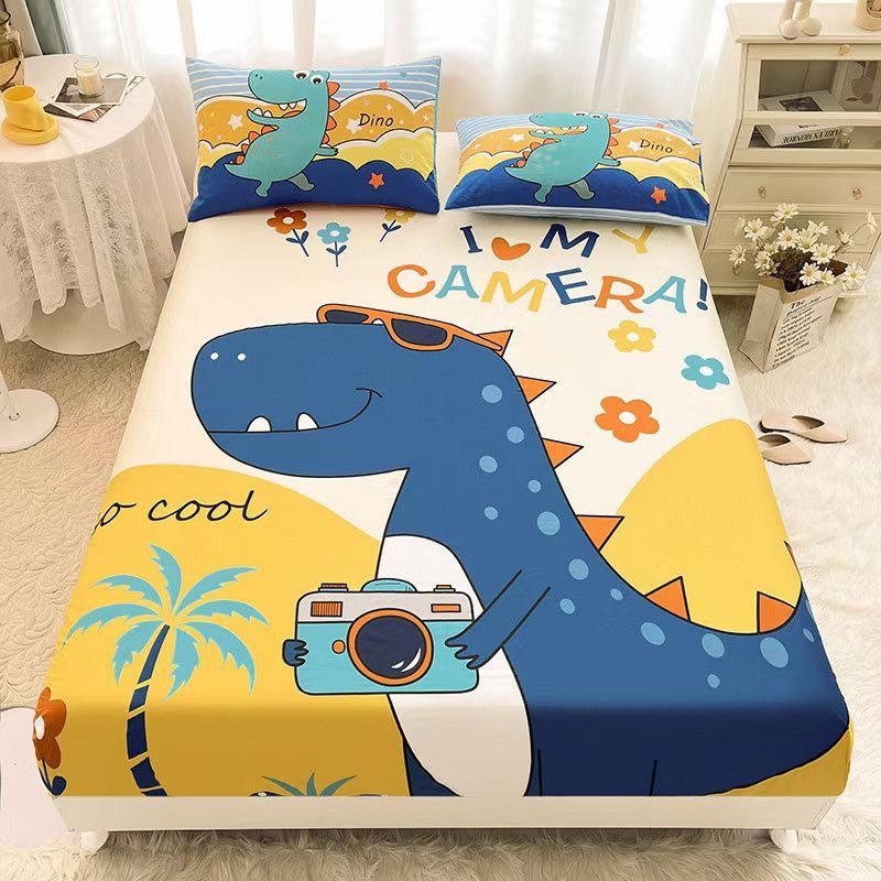 Bộ ga gối cotton 100% 3D  khủng long hoạt hình cho bé