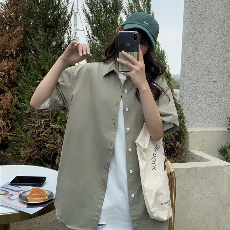 Áo sơ mi tay ngắn màu trơn phong cách retro Hàn Quốc dành cho nữ