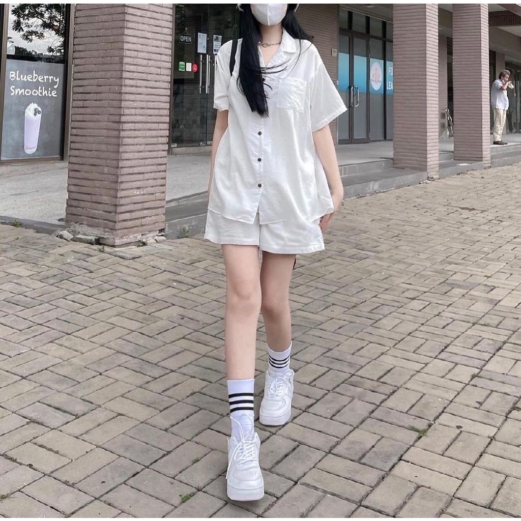 Set Đồ Nữ LINEN TONKI Sơ Mi Cổ Vest Mix Short Lưng Tây Chất Vải Đũi Phong Cách Ulzzang