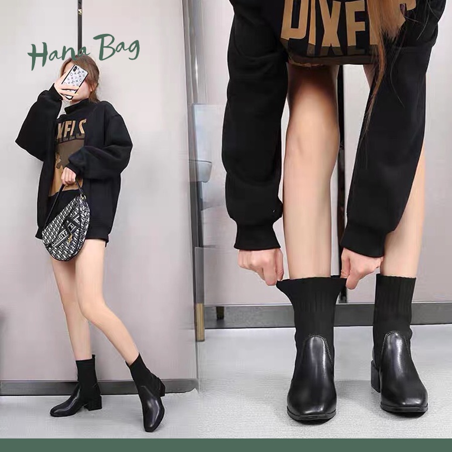 Giày bốt da mũi nhọn Loại 1, gót vuông cổ ngắn cao 5cm có chun trên cổ chân | BigBuy360 - bigbuy360.vn