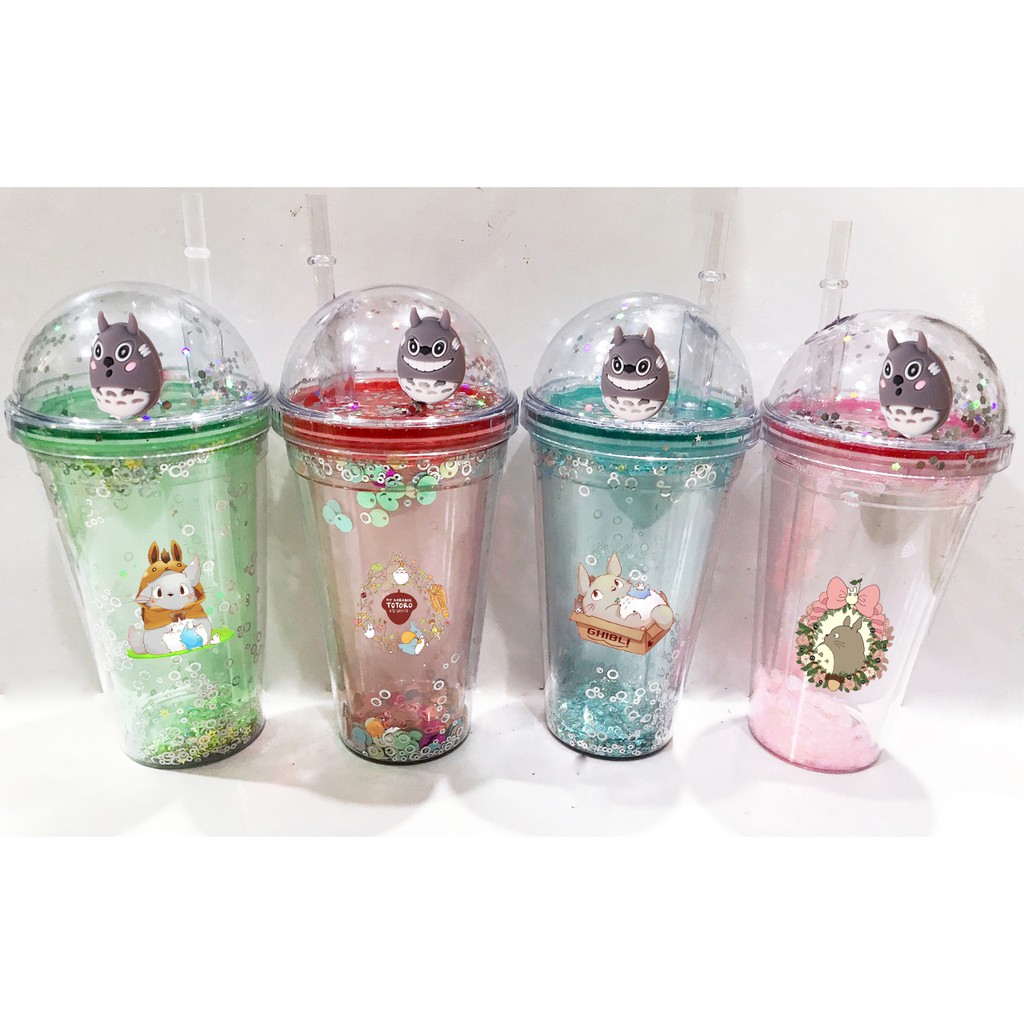 cốc 2 lớp kim tuyến totoro khủng long nắp cầu CNCKI16 cốc giữ nhiệt ly 2 lớp nắp cầu cốc làm lạnh dễ thương 500ml