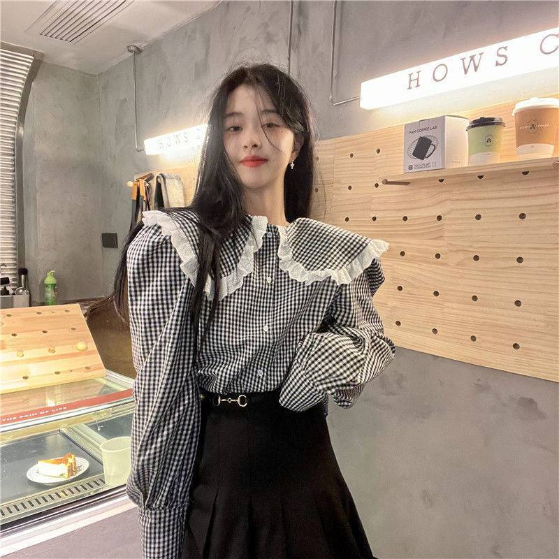 Áo sơ mi nữ dài tay form rộng cổ ren bèo áo kiểu nữ dáng babydoll mặc đi làm đi học HIJUNE SM07