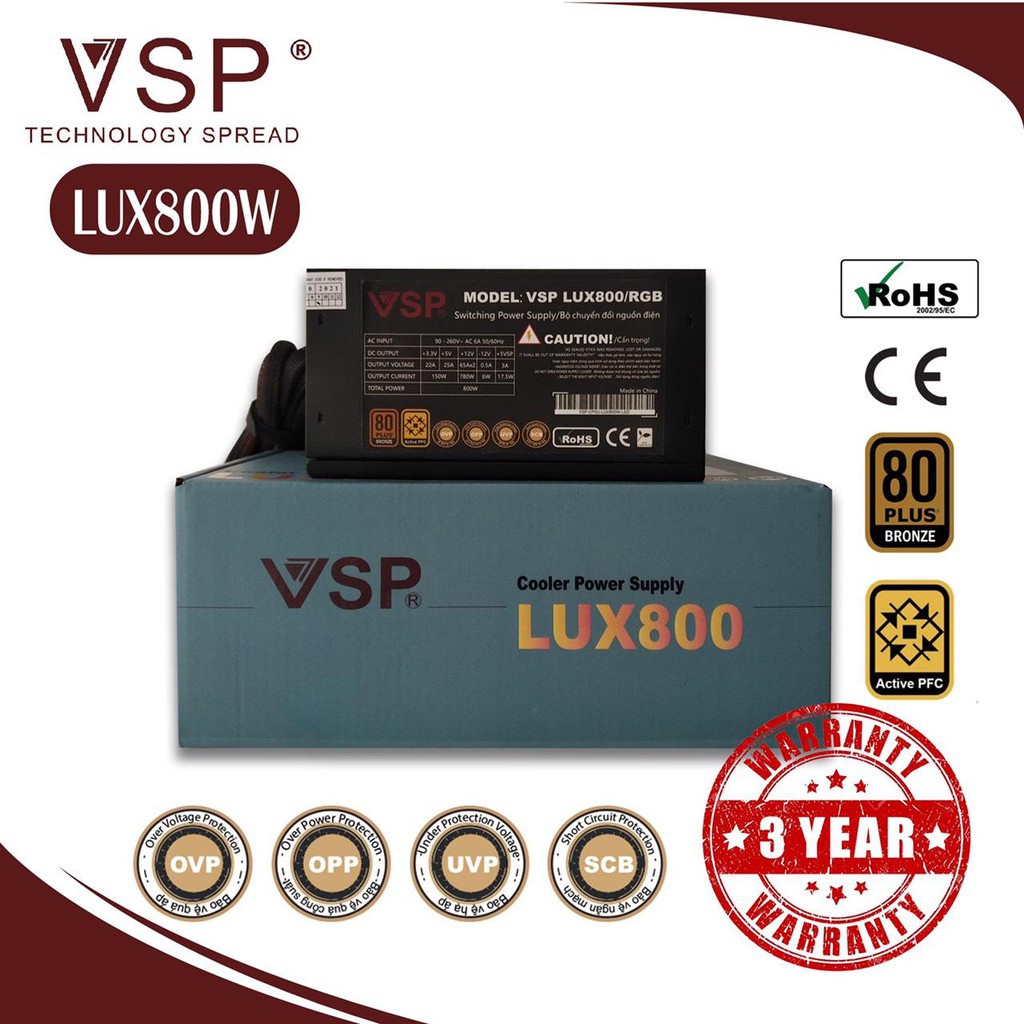 [Mã ELMS05 giảm 5% đơn 300k]Nguồn Công Suất Thực VSP LUX 800W - LED RGB