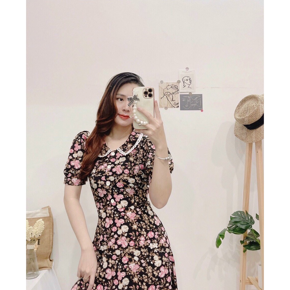 Đầm nữ hoa viền cổ sen form dài qua gối xinh dịu dàng vải lụa 2 lớp có dây chỉnh eo