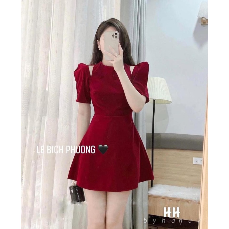 Đầm váy nhung đỏ tay bồng xẻ vai tiểu thư Vaynhungcutout