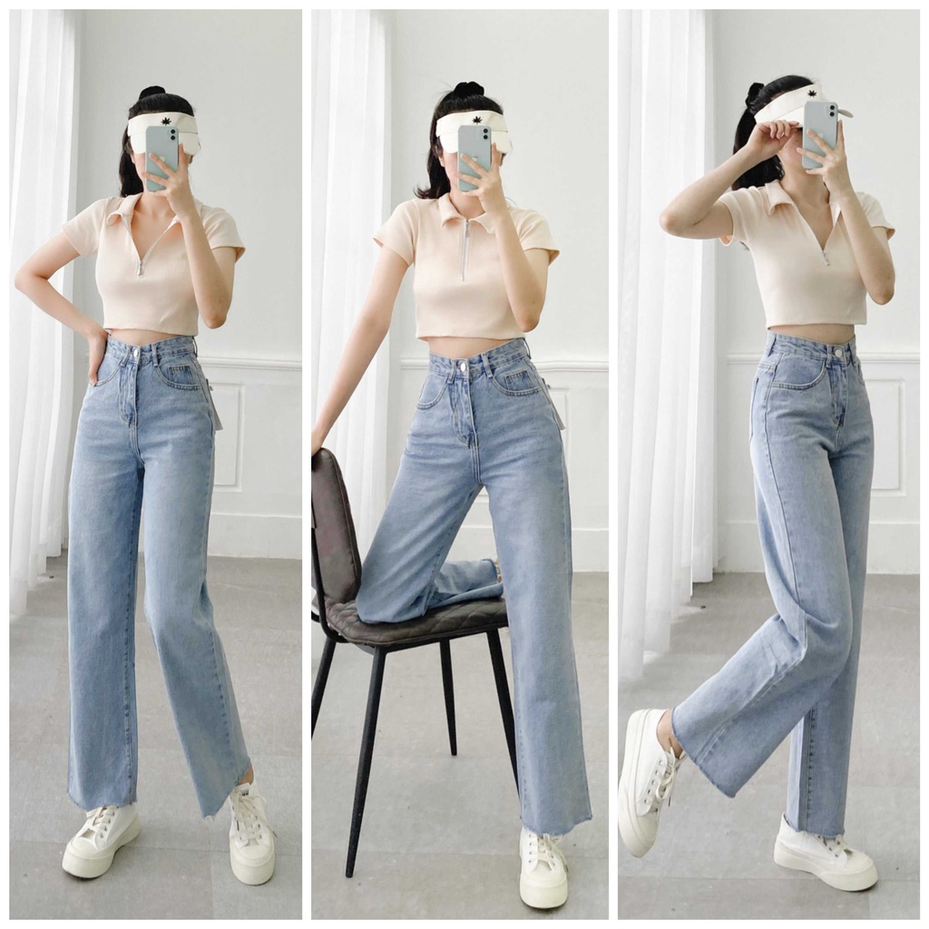 Quần jean nữ ống rộng trơn lai cắt cạp cao suông ulzzang hàn quốc FMstyle Saigon 21QJR04JH2601