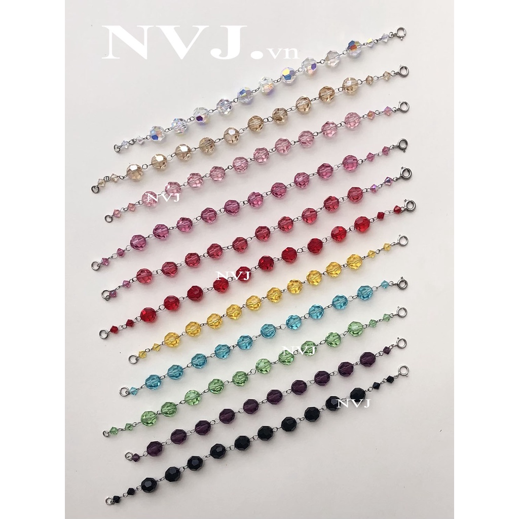 Chuỗi vòng tay 10 hạt tròn pha lê Swarovski size 8ly, nhiều màu tùy chọn, khóa bạc 925