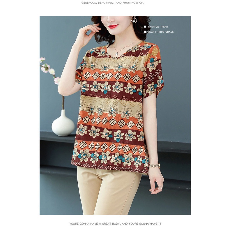 Áo Thun Lụa Lạnh Tay Ngắn Dáng Rộng Sọc Ca Rô Thời Trang Mùa Hè Cho Phụ Nữ Trung Niên