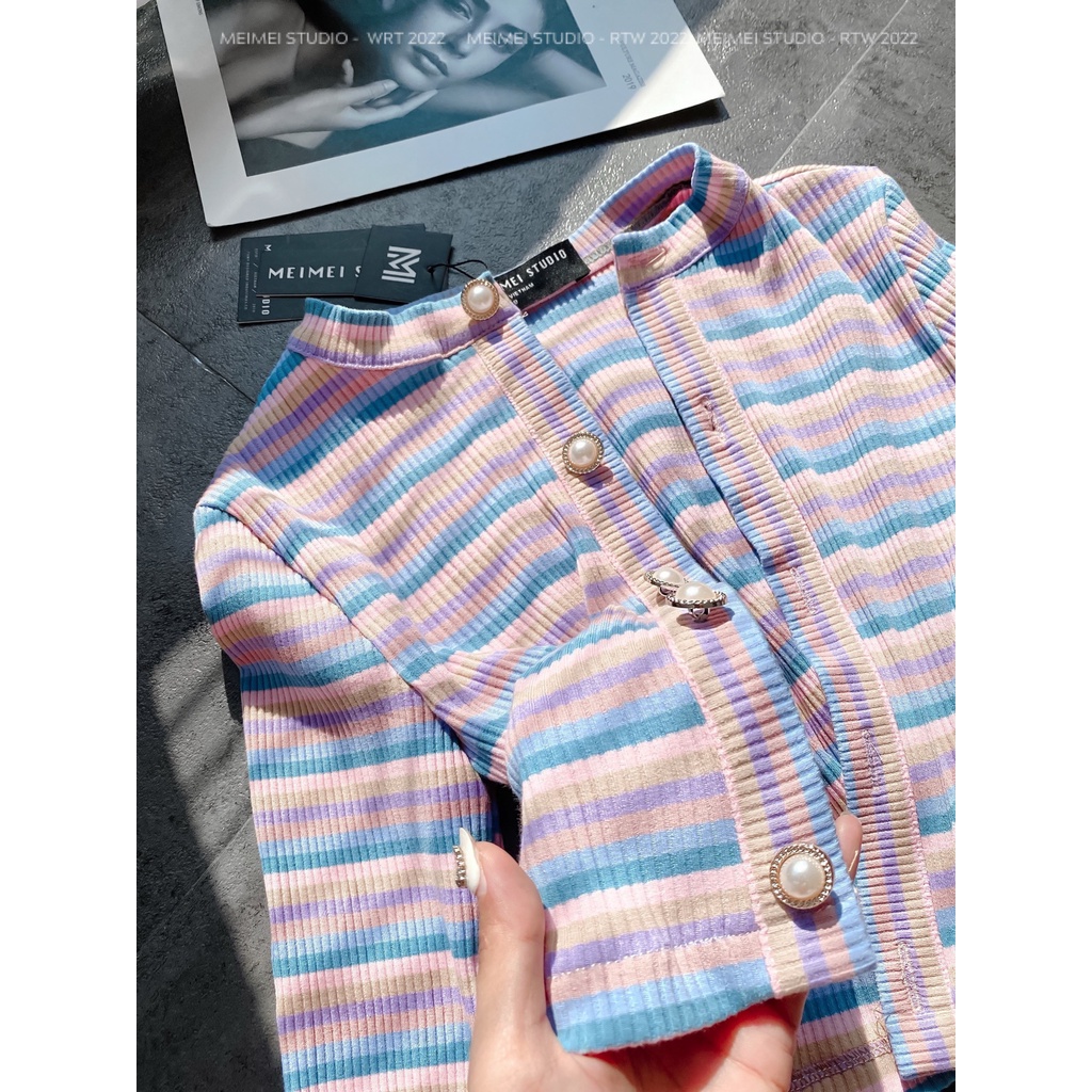 Set Colour 2 dây kẻ len tăm - Váy maxi ôm body và áo cardigan dài tay | XKSB08 | Meimei Studio