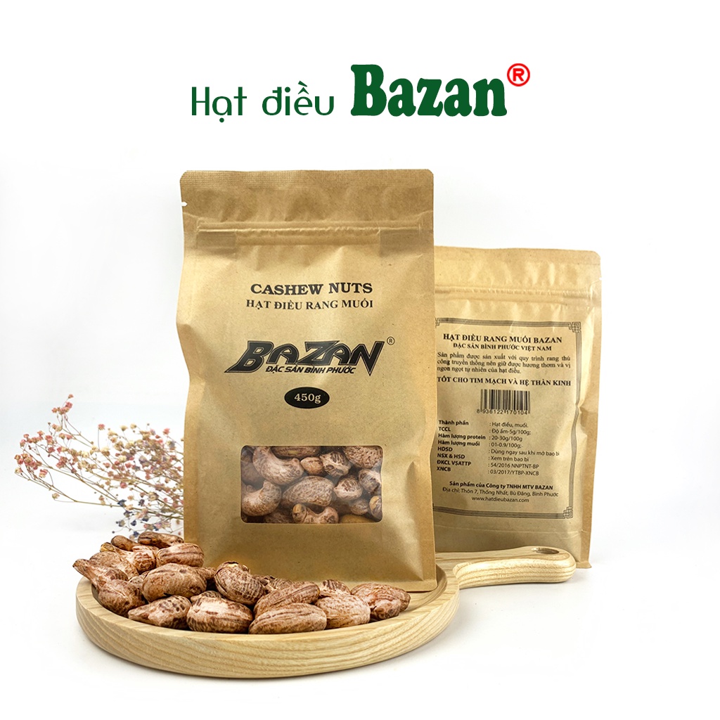 Hạt điều rang muối Bazan Bình Phước nguyên hạt dinh dưỡng A+ loại 1 túi Zip 450g còn vỏ lụa | BigBuy360 - bigbuy360.vn