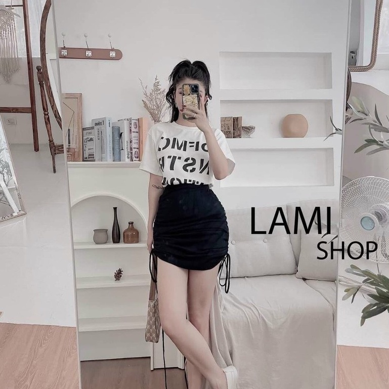 Set Váy Dây Rút Phối Aó In Chữ Tay Ngắn Cổ Tròn Duyên Dáng Thời Trang Nữ
