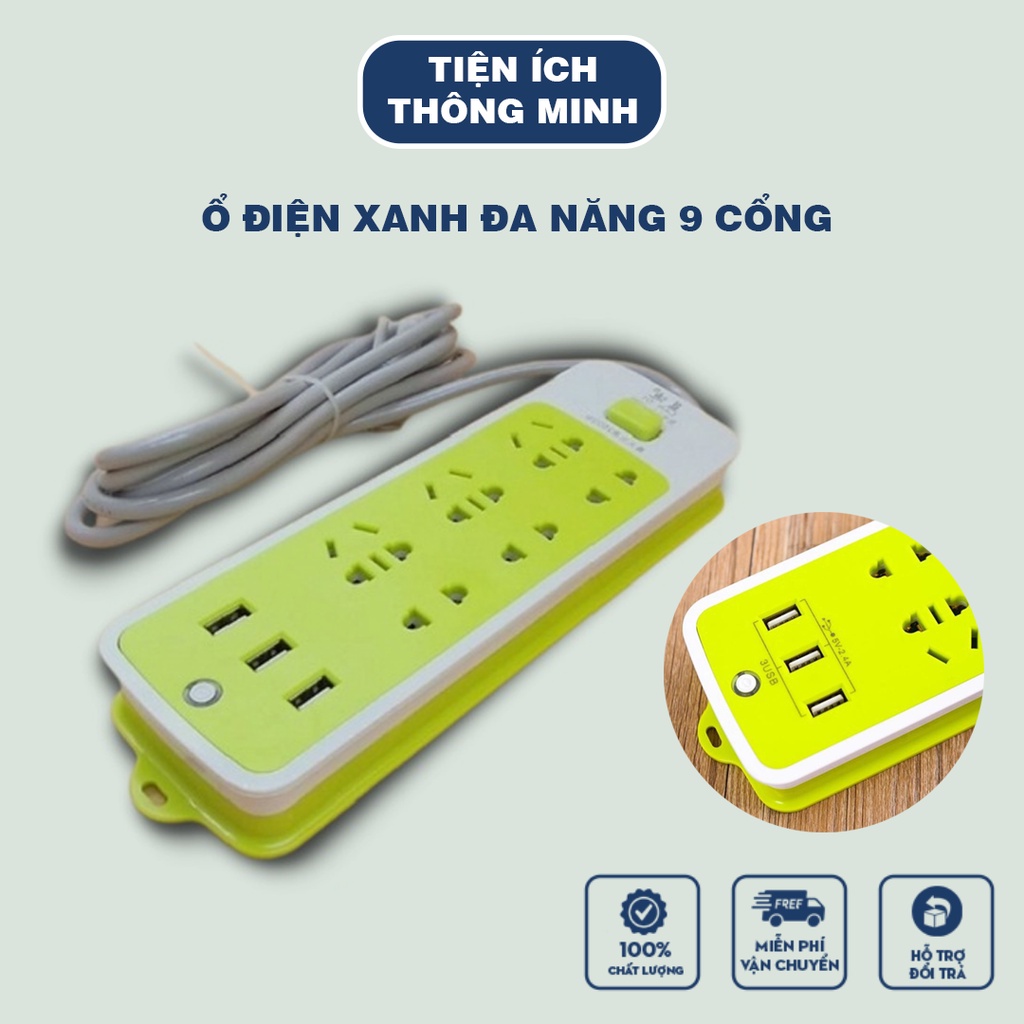 Ổ điện xanh đa năng 9 cổng, tích hợp 3 cổng sạc điện thoại