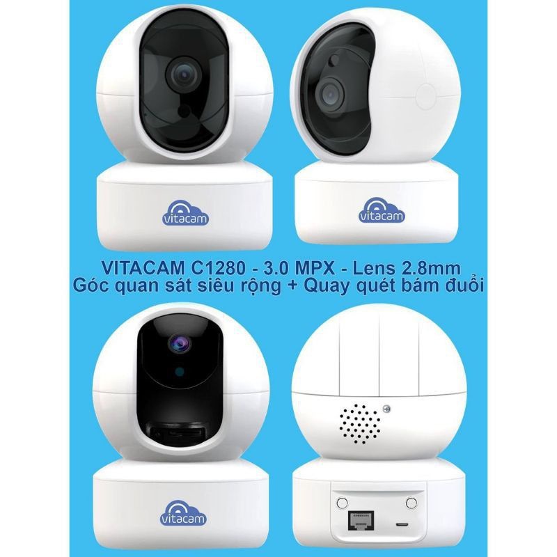 Camera không dây Wifi Vitacam C1280 2.0 Pro 3Mpx Ultra HD công nghệ AI xoay 360 độ - Hàng Chính Hãng