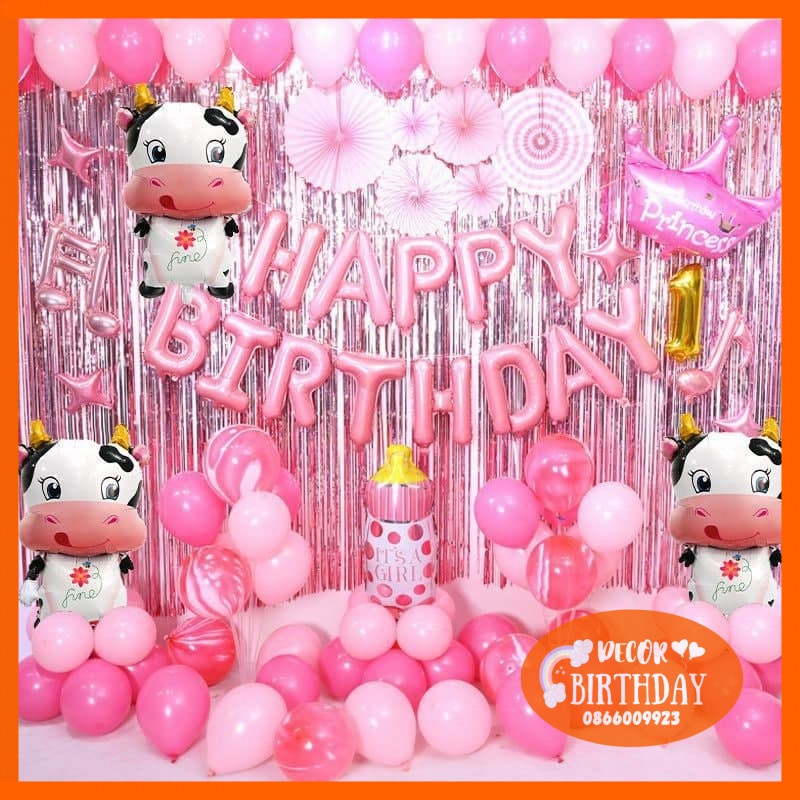 Set Trang Trí Sinh Nhật TUỔI TRÂU Cho Bé Gái, Bóng Y Hình Tặng Kèm Đồ Bơm Băng Dính Bóng