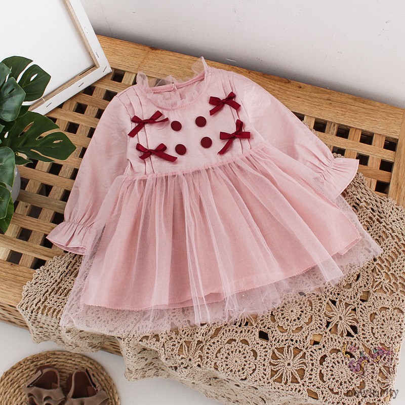 Váy Công Chúa Tay Dài Đính Nơ Đáng Yêu Cho Bé Gái