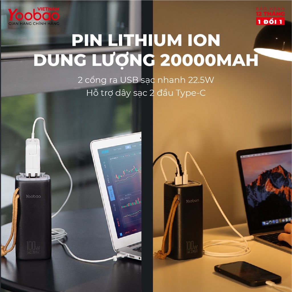 Trạm sạc dự phòng Yoobao EN100 dung lượng 20000mAh, tích hợp đèn pin PD45W 220V/100W