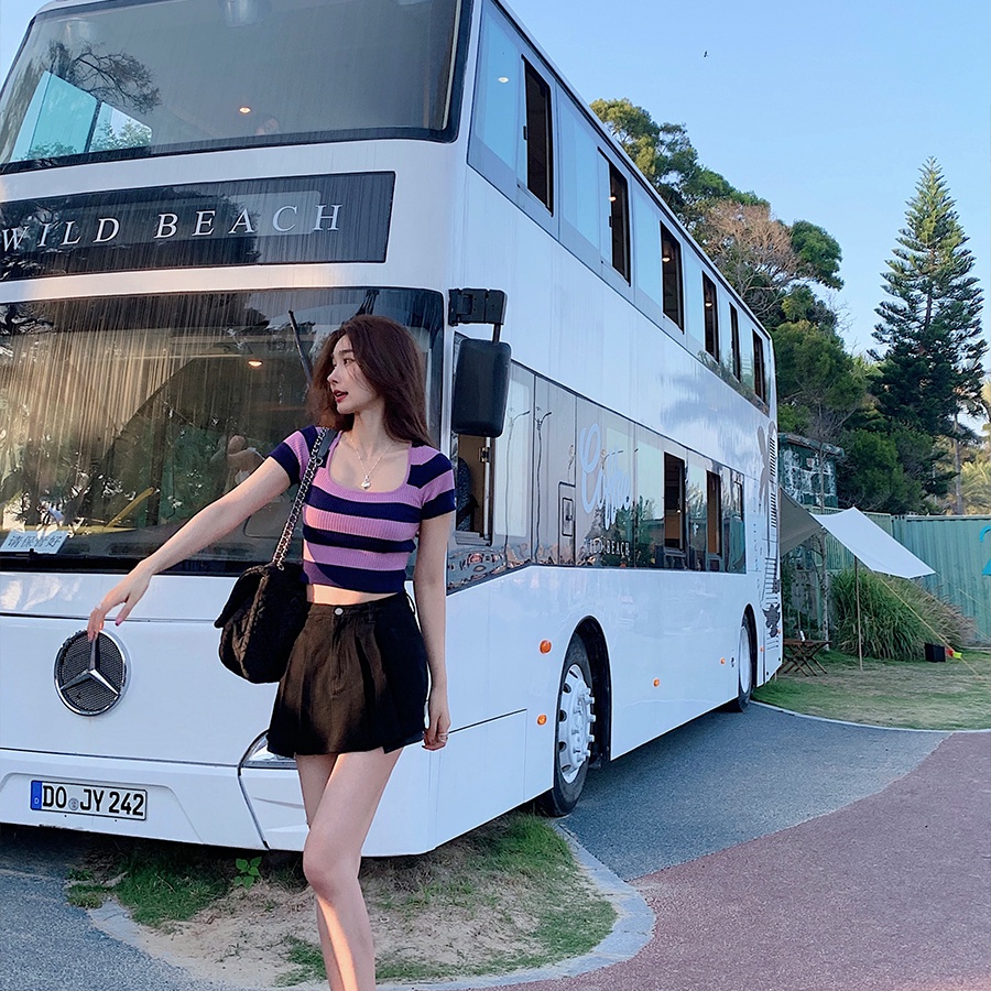 SUXI Áo Thun Dệt Kim Ngắn Tay Cổ Vuông Họa Tiết Kẻ Sọc Thời Trang Mùa Hè Ngọt Ngào Cho Nữ