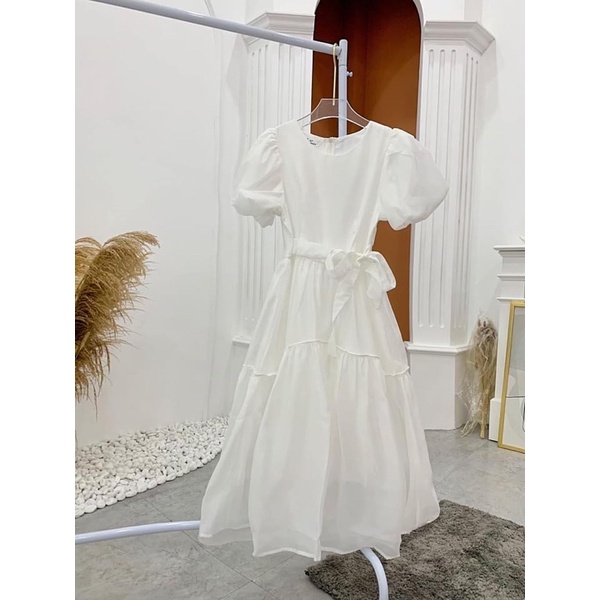 Đầm - Váy babydoll tơ trắng 2 lớp cổ tròn tay bồng