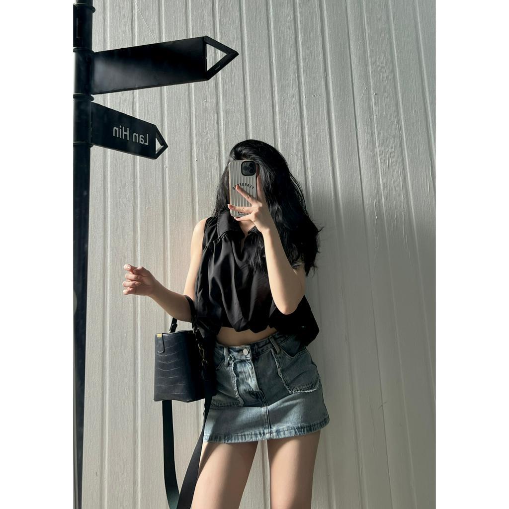 Áo Sơ Mi Crop Xếp Li Chun Bồng 2 Lớp