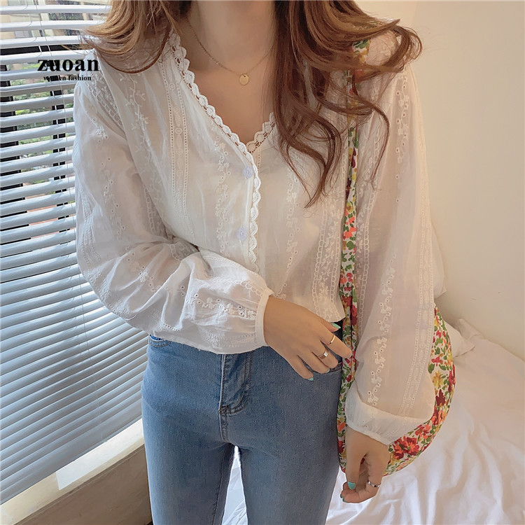 Áo kiểu SUXI dài tay cổ chữ V viền ren thời trang Hàn Quốc đơn giản