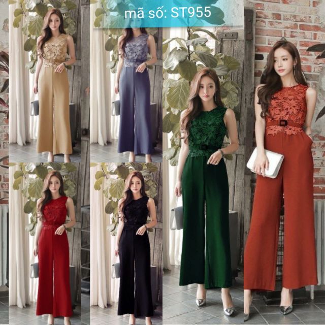 Jumsuit đồ bay dài ống suông phối ren kèm belt rời có ảnh thật