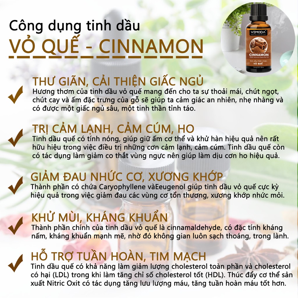 Tinh dầu Vỏ quế nguyên chất VEMODA 30ML giúp cải thiện giấc ngủ, hết cảm lạnh, giảm đau nhức, giảm mỡ bụng hiệu quả