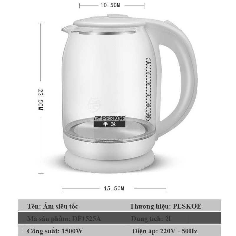 ẤM SIÊU TỐC THỦY TINH CHANGHONG BÌNH ĐUN NƯỚC SÔI NHANH CÔNG SUẤT LỚN 1500W DỄ DÀNG VỆ SINH KHÔNG ĐỂ LẠI CẶN - L11 VT268