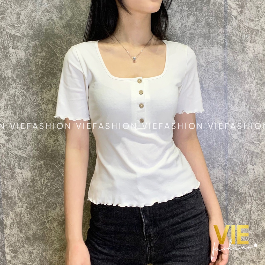 Áo Thun Nữ Cổ Vuông Đính Cúc Áo Phông Nữ Dáng Ôm Viền Bèo - HR 2105-03