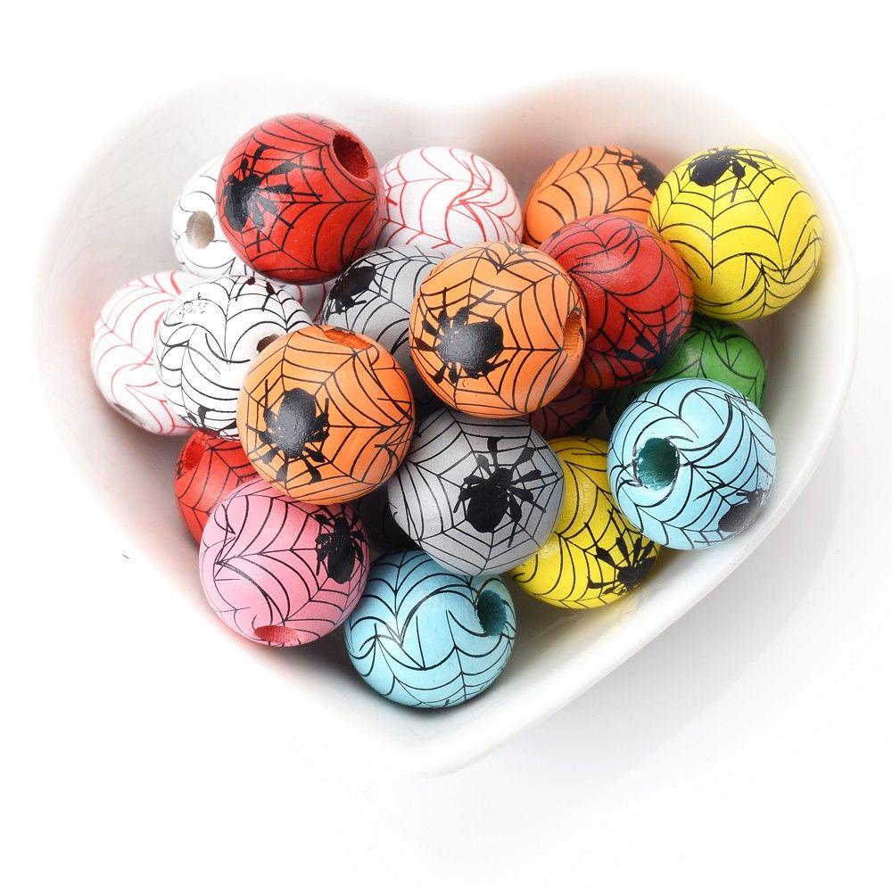 Chuỗi Hạt Gỗ Tròn Nhiều Màu Họa Tiết Nhện Dùng Trang Trí Halloween