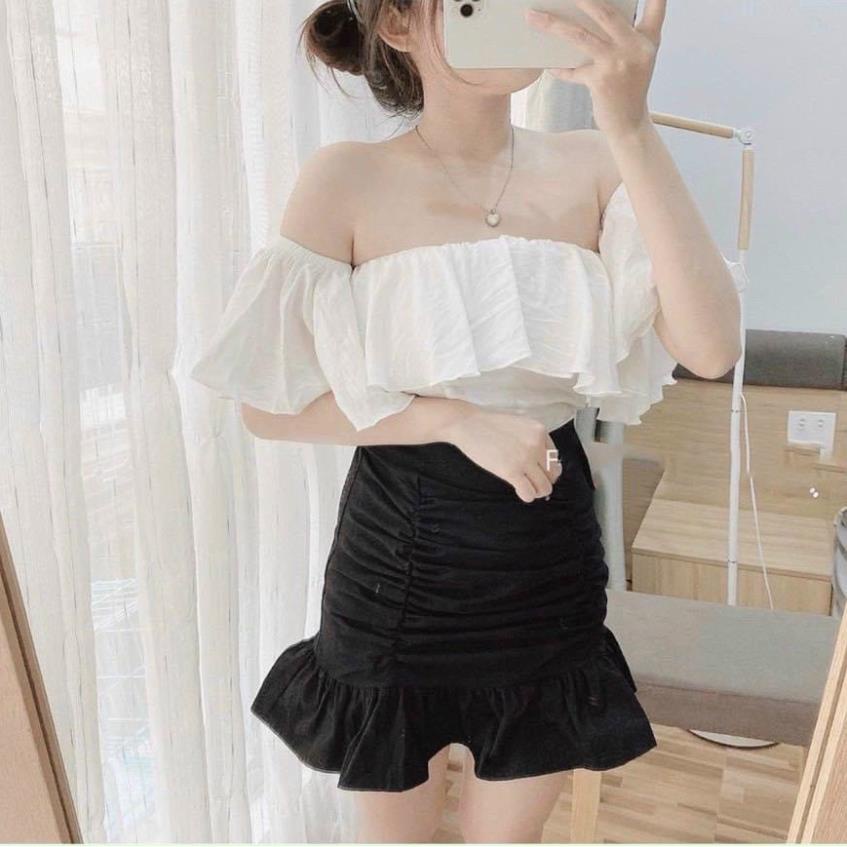 Sét bộ váy nhúm xoè phối áo voan bèo bệt vai đủ màu, Set váy áo nữ mặc kiểu mới siêu hot Siêu xinh