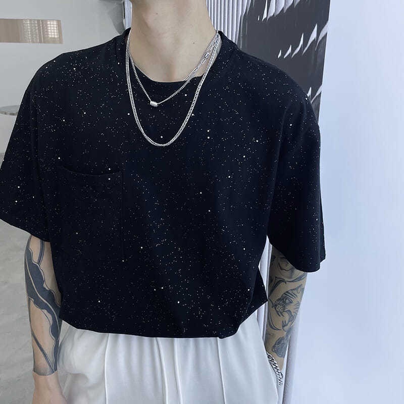 Áo Thun Tay Ngắn Đính Kim Sa Lấp Lánh Phong Cách Hàn Quốc Dành Cho Nam