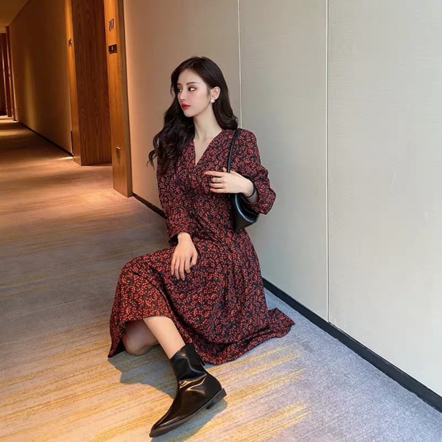 (Order 5-10days) bigsize M-4XL Đầm hoa nhí cổ V xoè dáng dài vintages