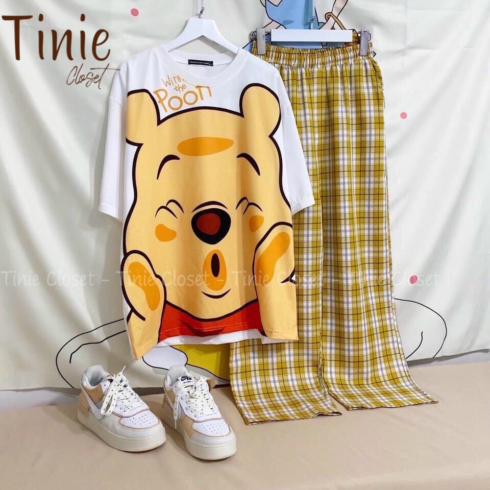 Đồ bộ quần dài caro vải kate ống rộng , set bộ hoạt hình form rộng freesize Poo Unisex Tinie Closet