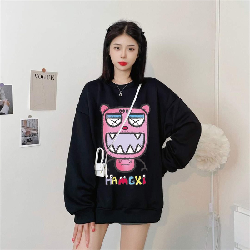 Áo sweater IELGY cổ tròn dáng rộng in hình hoạt hình xinh xắn cho nữ