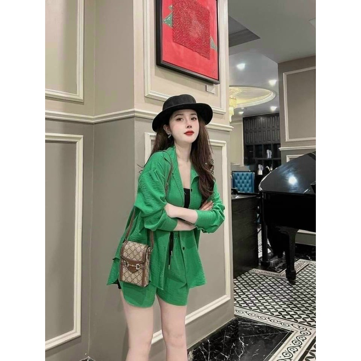 Set đùi đũi 3 món áo sơ mi đũi + áo 2 dây + quần đùi lưng chun cao cấp thời trang thiết kế phù hợp mọi phong cách