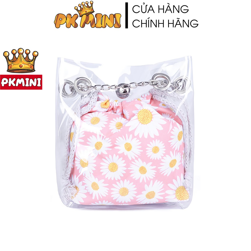 Túi xách nữ Harajuku trong suốt hoa cúc màu hồng - Túi rút mini hoa cúc