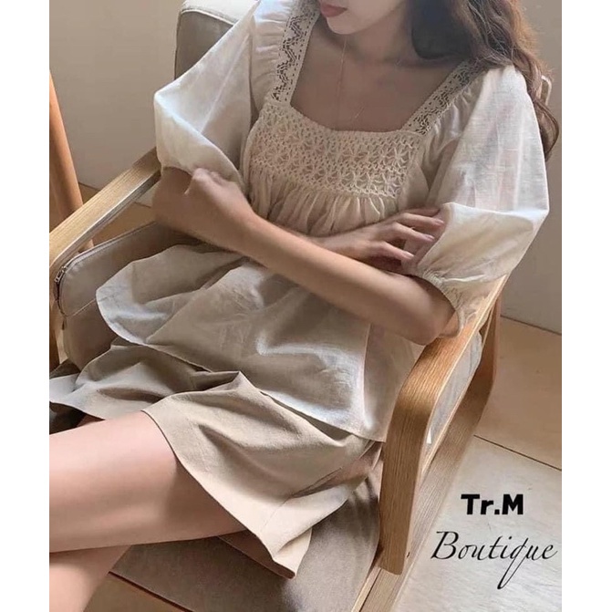 Bộ ngủ cộc tay ren phối cổ vuông chất đũi mát - Sét áo tay lỡ kèm quần ngắn mặc ngủ mát mịn
