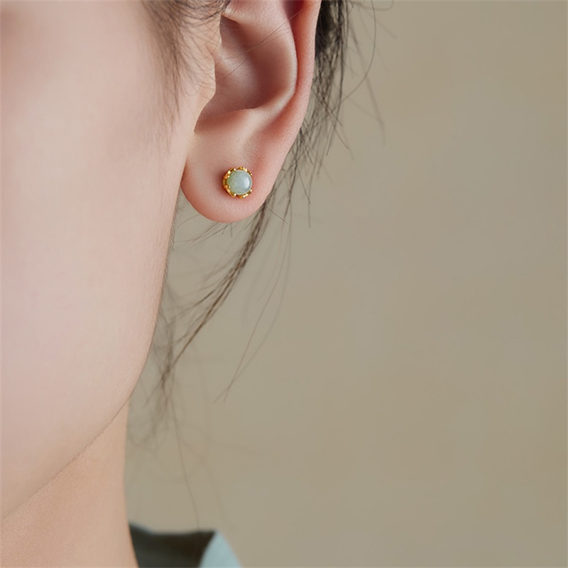 Khuyên Tai Bạc S925 Đính Ngọc Bích Thiết Kế Mới Cá Tính Thời Trang