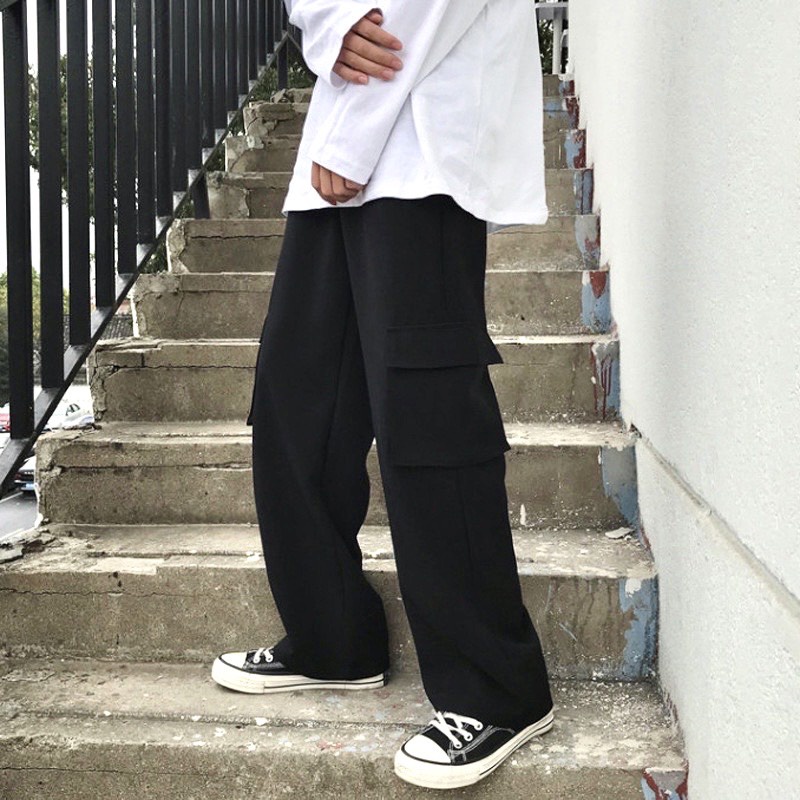 Quần kaki túi hộp ống rộng đen , dáng xuông , phong cách streetwear unisex mix đồ cực ngầu Big Size