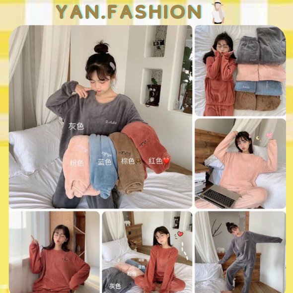 Bộ Ngủ Mặc Nhà Nhung Lót Lông Họa Tiết Gấu Nâu, Nơ Cute 2 Lớp Siêu Dày