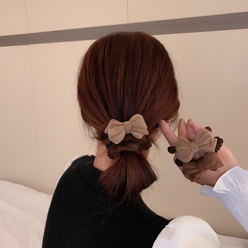 Dây buộc tóc cao su co giãn đính nơ 3D phong cách kaki thời trang