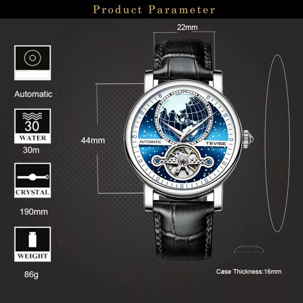 Đồng hồ cơ Nam Tevise dây da cao cấp, phản quang ban đêm, hàng chính hãng