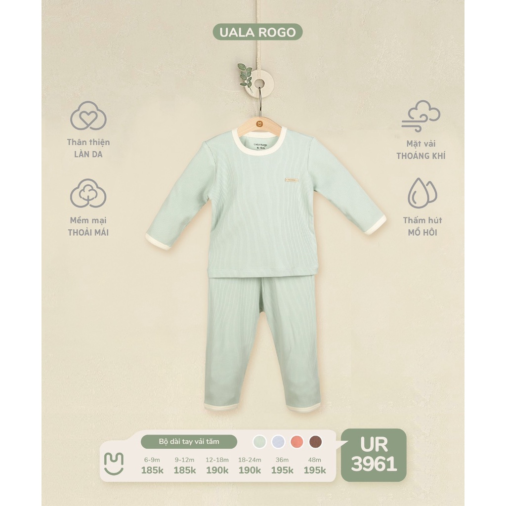 Bộ Uala Rogo dài tay vải cotton tăm cao cấp mềm mịn thoáng mát thấm hút tốt trơn phối viền màu cho bé trai bé gái 3961