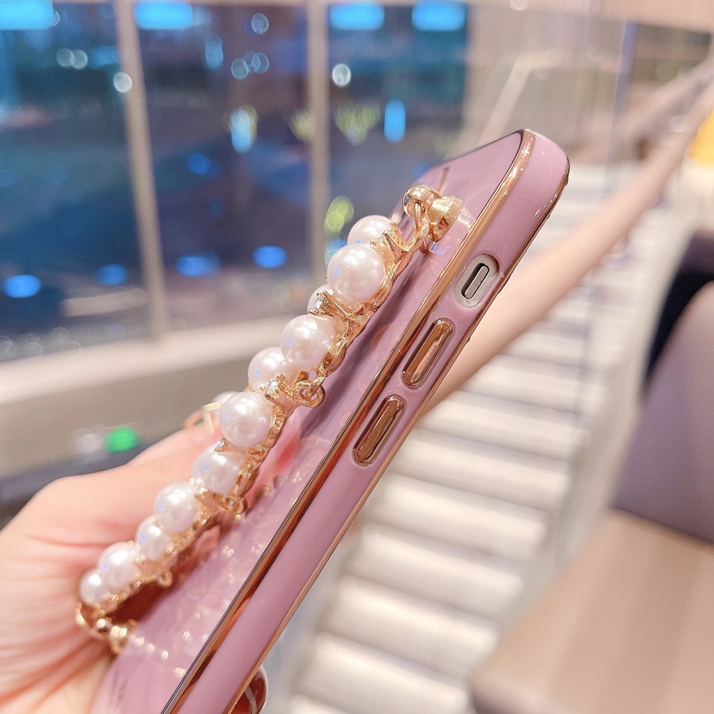 Ốp điện thoại màu trơn đính dây đeo ngọc trai nhân tạo sang trọng cho iPhone 12 11 Pro Max XS Max XR X 8 7 Plus