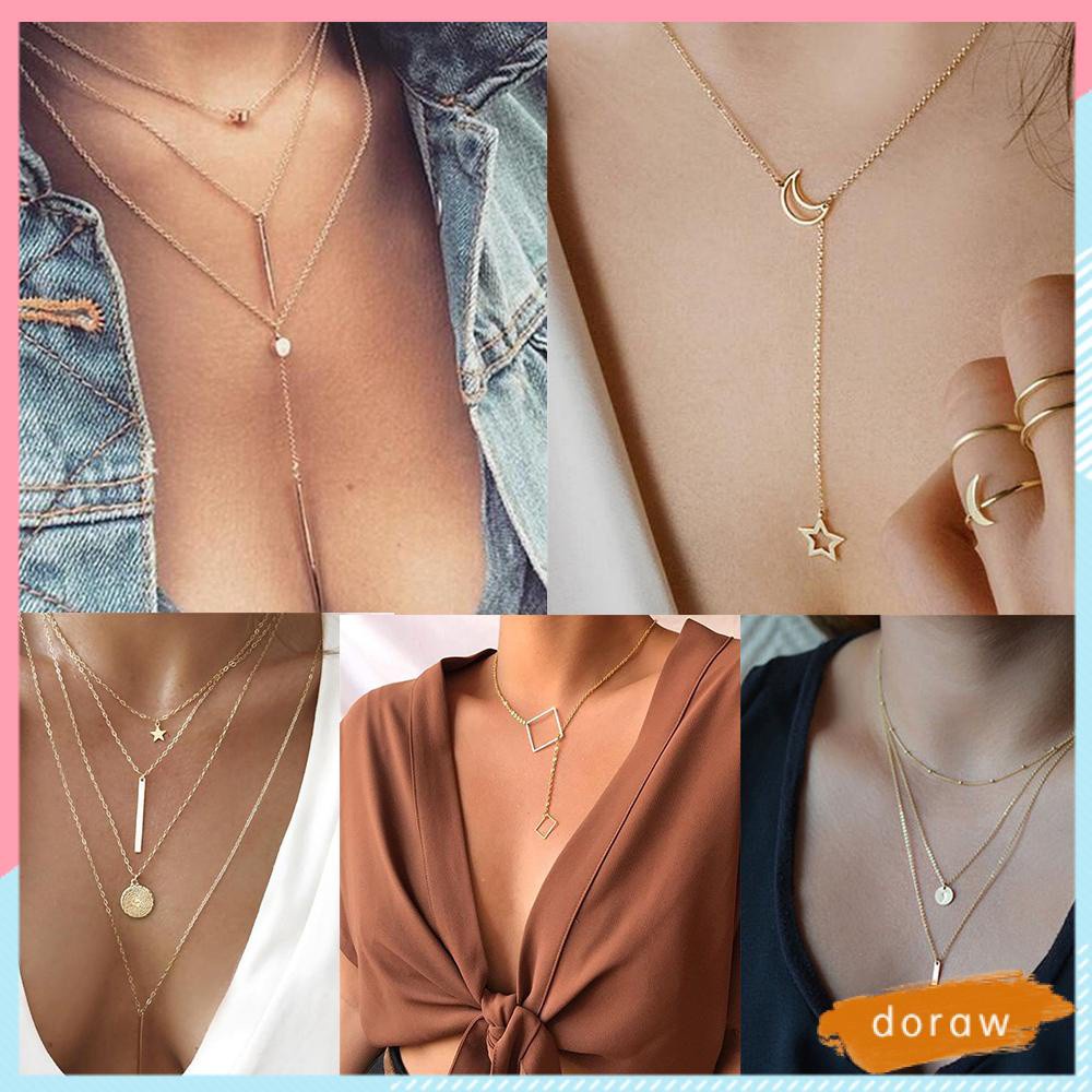 Dây chuyền nhiều lớp mặt hình học / hình trăng sao phong cách Bohemian dành cho nữ