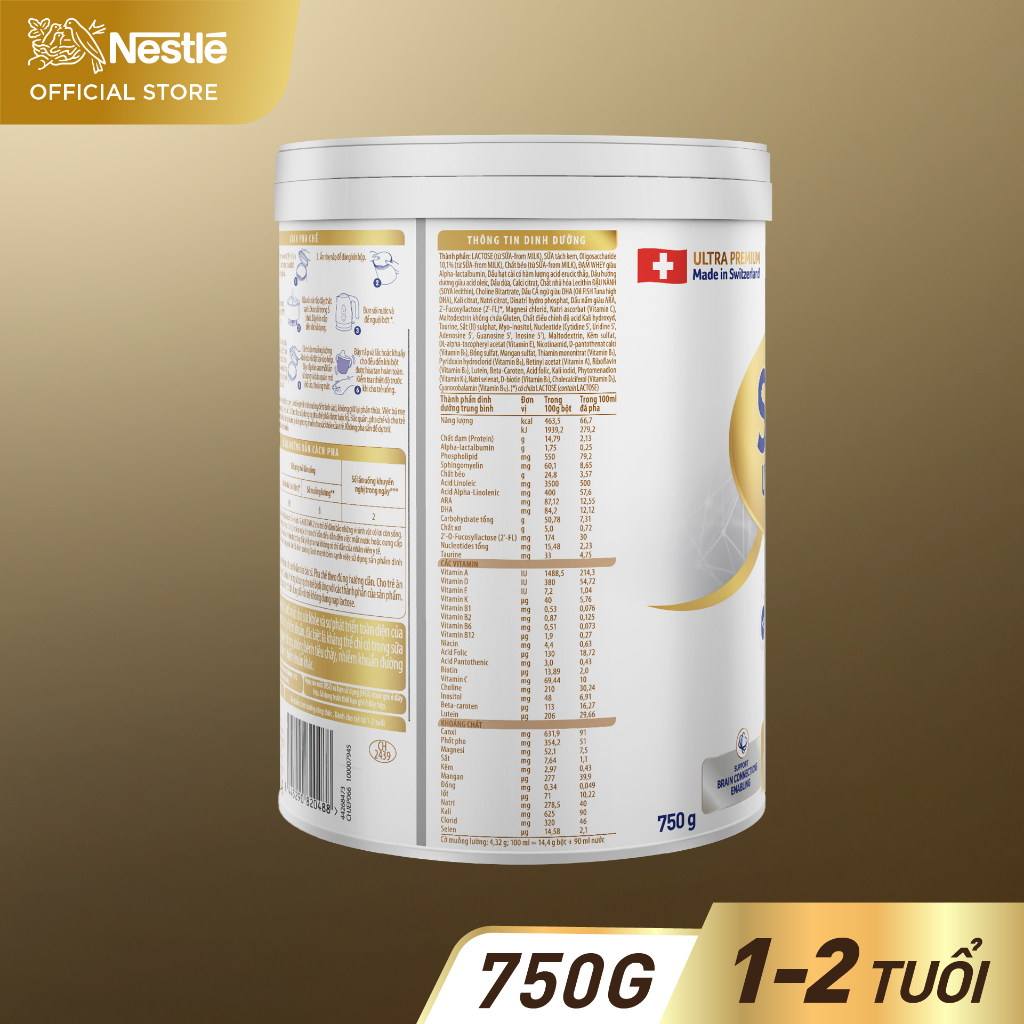 Sữa Bột Nestlé S-26 ULTIMA 2 (S26) 750G từ Thụy Sỹ với hợp chất NUTRILEARN® CONNECT chứa Sphingomyelin và DHA